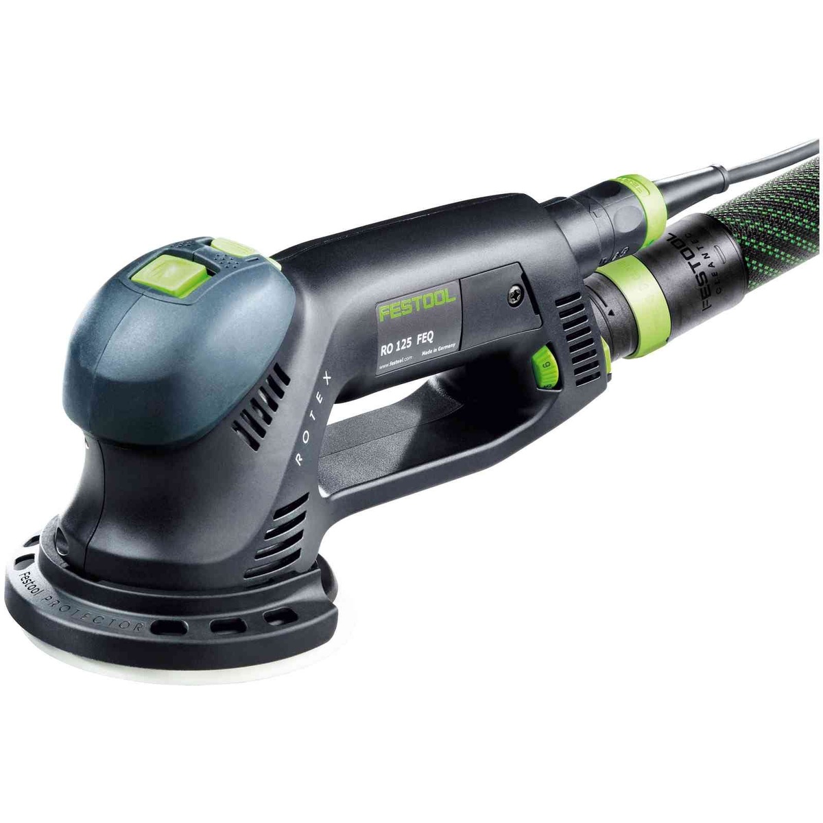 Close-up of Festool RO 125 FEQ-Plus Rotex 125mm 5 inch multi-mode sander showing edge protector, housing, and Plug-It cord connection in workshop setup