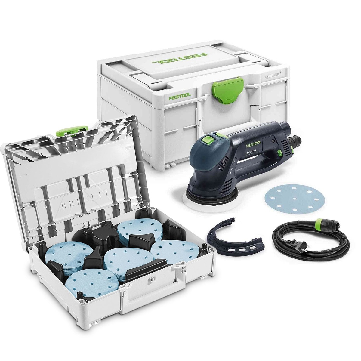 Festool RO 125 FEQ-Plus Rotex 125mm 5 inch multi-mode sander kit with Systainer, Plug-It cord, sanding pad, edge protector, and Granat abrasive storage on a clean background