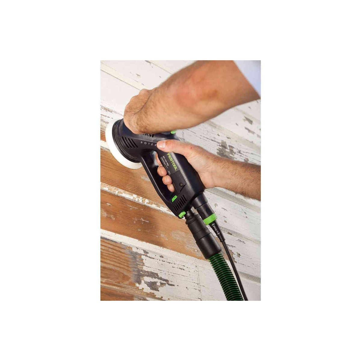 Festool RO 125 FEQ-Plus Rotex 125mm 5 inch multi-mode sander sanding painted wood boards on a vertical surface during surface prep work