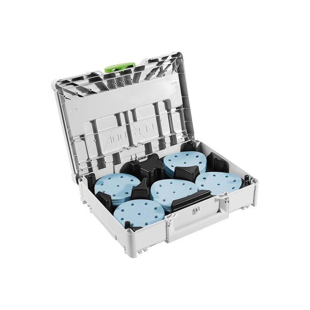 Granat abrasive discs stored in a Festool Systainer for the Festool RO 125 FEQ-Plus Rotex 125mm 5 inch multi-mode sander in a shop organization setup