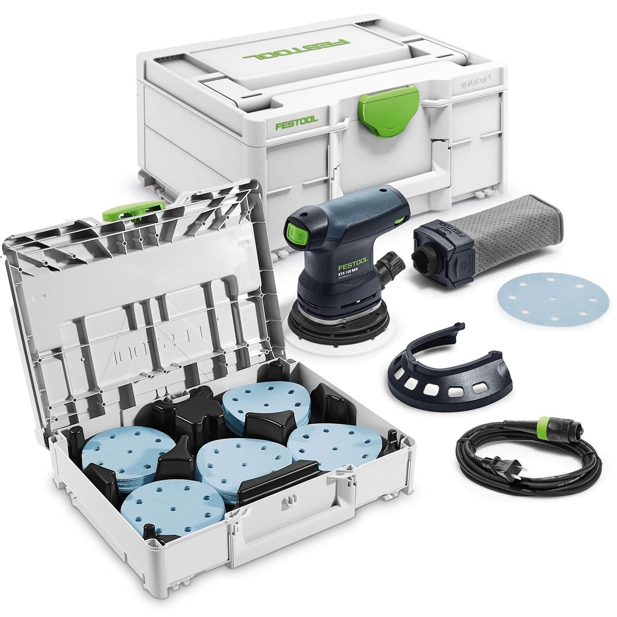 Festool ETS 125 REQ-Plus 125mm 5 inch random orbital sander set with Systainer storage case, abrasive discs, chip bag, protector, and Plug-It cord on a clean background