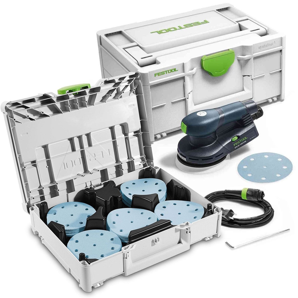 Festool ETS EC 125/3 EQ-Plus 125mm 5 inch compact brushless finish sander set with Systainer, abrasive discs, cord, and accessories laid out for shop use