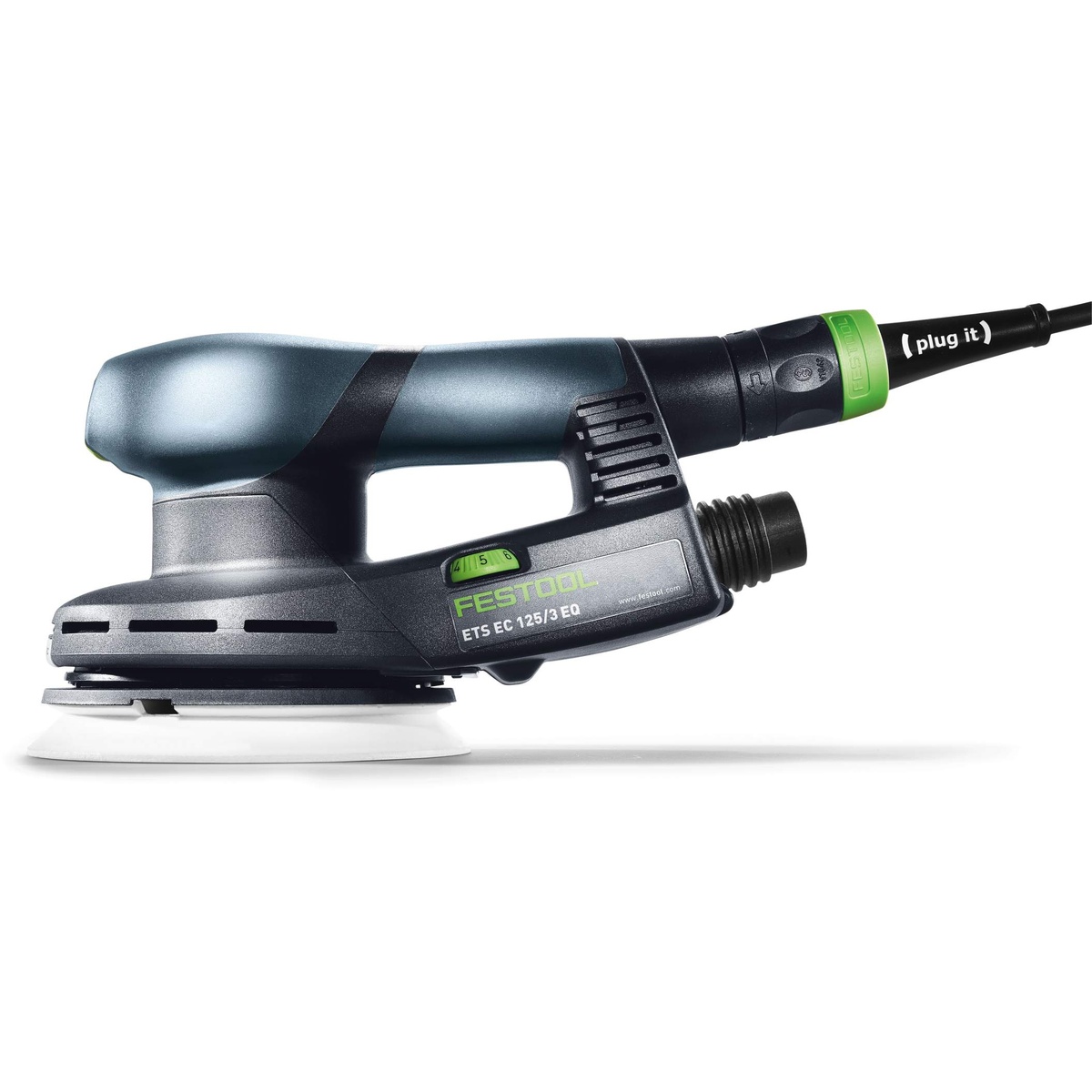 Festool ETS EC 125/3 EQ-Plus random orbital finish sander side profile showing compact body, speed control, and dust port connection