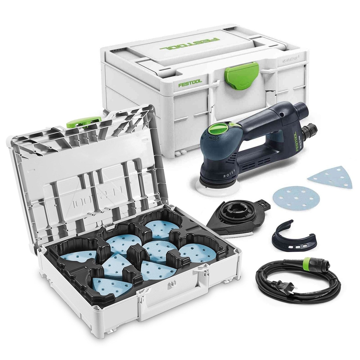 Festool RO 90 DX FEQ-Plus Rotex Sander Set w/ Granat Abrasive Value Set Systainer showing the sander, round and delta pads, Plug-It cord, edge protector, and abrasive storage kit on a clean workbench-style setup