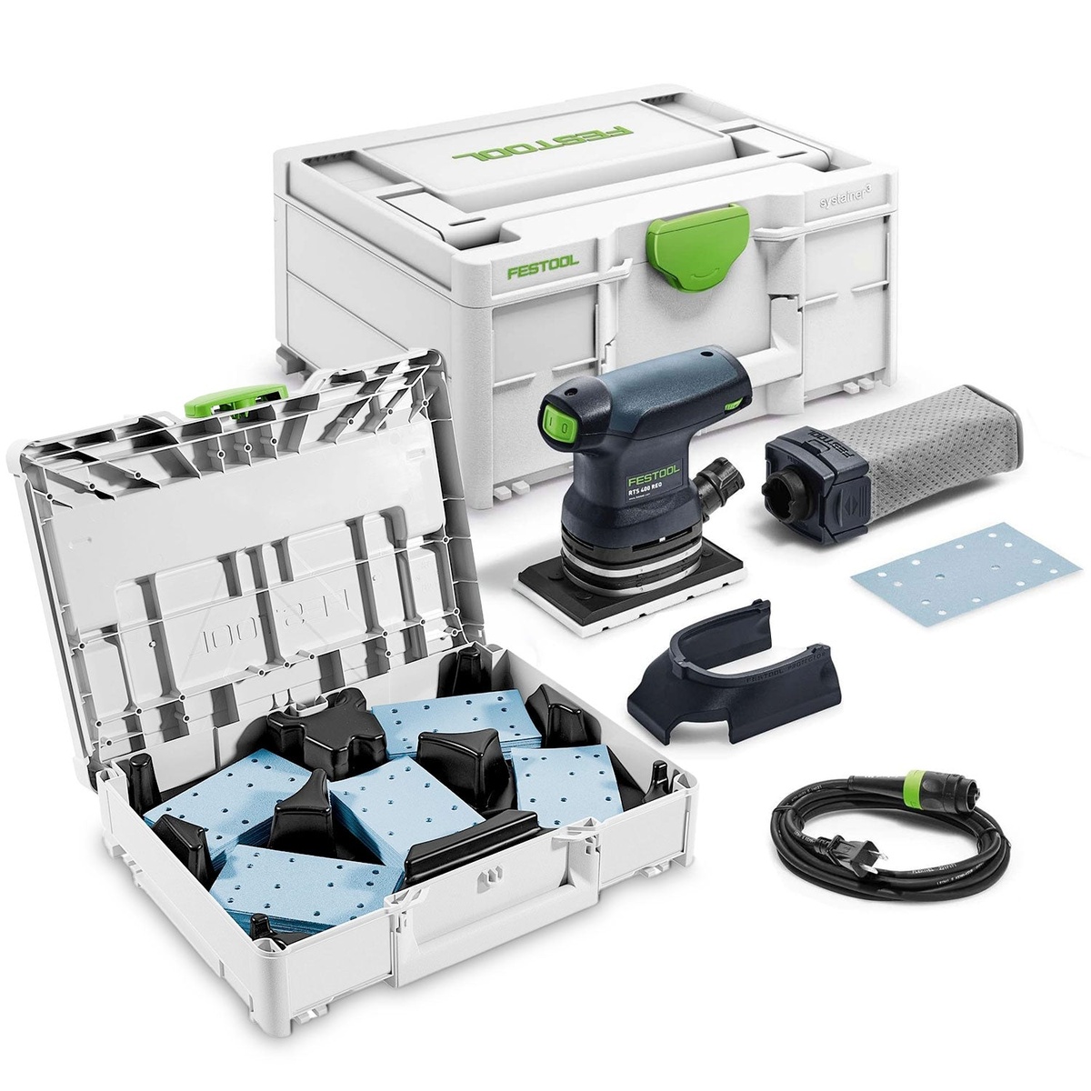 Festool RTS 400 REQ Orbital Sander Set w/ Granat Abrasive Value Set Systainer with sander, cord, dust bag, accessories, and abrasive sheets organized in storage case