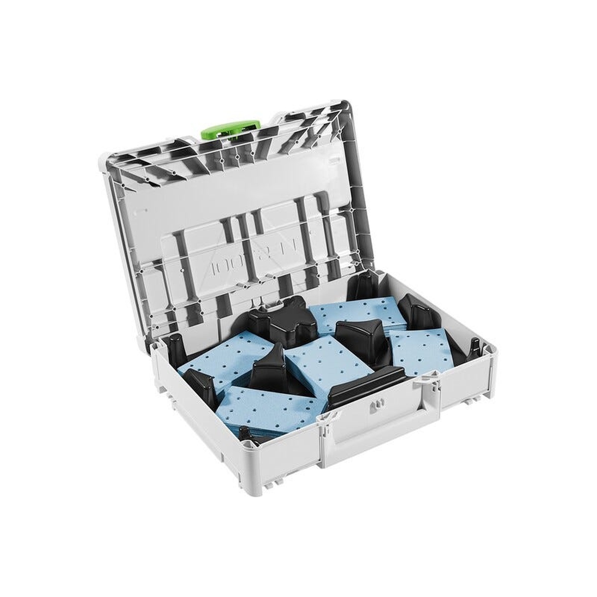 Festool RTSC 400 18V Brushless Hybrid Sander Set w/ Granat Abrasive Value Set Systainer open with organized abrasive sheets stored for finish sanding work
