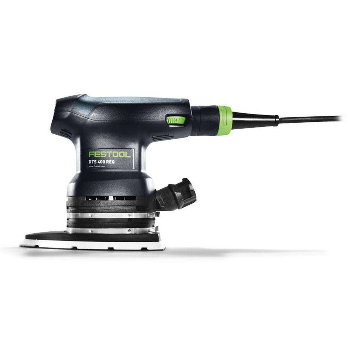 Festool DTS 400 REQ Orbital Sander side view showing dust port and Plug-it cord connection for finish sanding setup