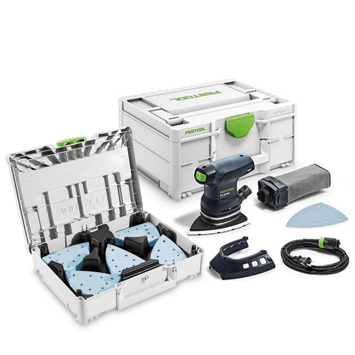 Festool DTS 400 REQ Orbital Sander Set with Granat abrasive value set, Systainer storage, cord, dust bag, and sanding accessories on a clean background