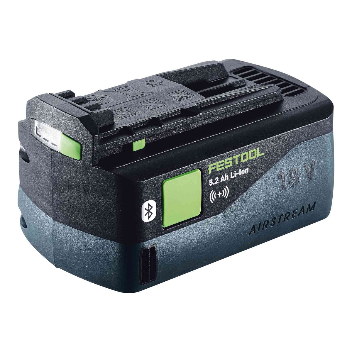 Festool 18V Airstream battery close-up used with the Festool SYSLITE KBS C cordless site light for portable jobsite lighting