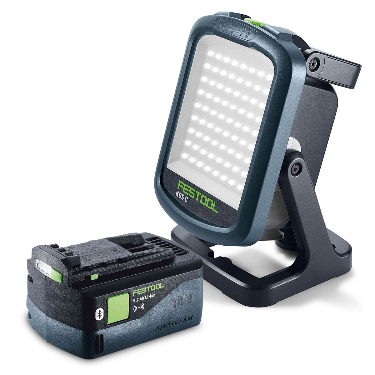Festool SYSLITE KBS C Cordless 5000-Lumen Site Light with Bluetooth 18V Airstream 5.0Ah Battery shown with adjustable housing and battery on a clean background