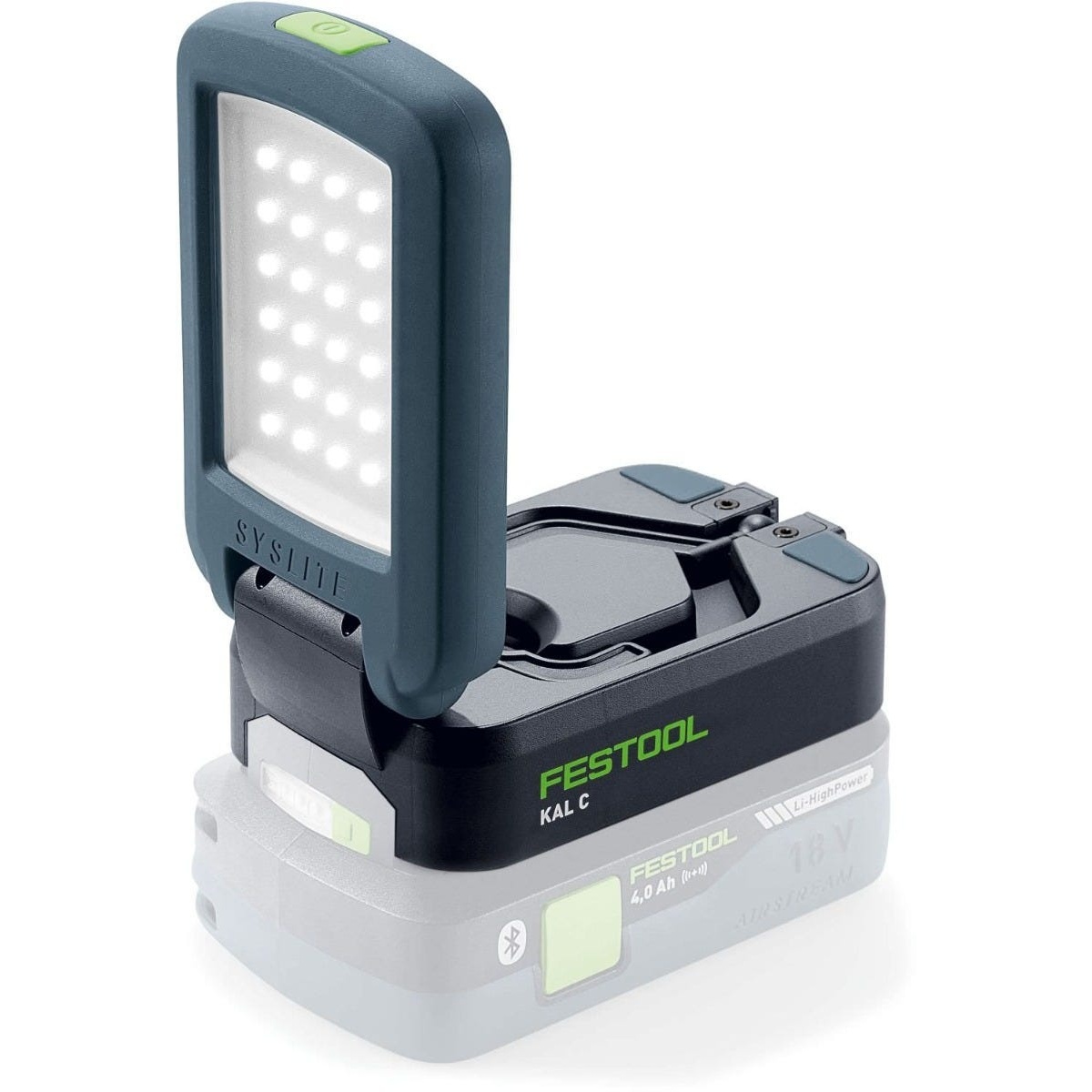 Festool cordless task light mounted on a Festool 18V battery pack showing the battery interface for cord-free jobsite lighting