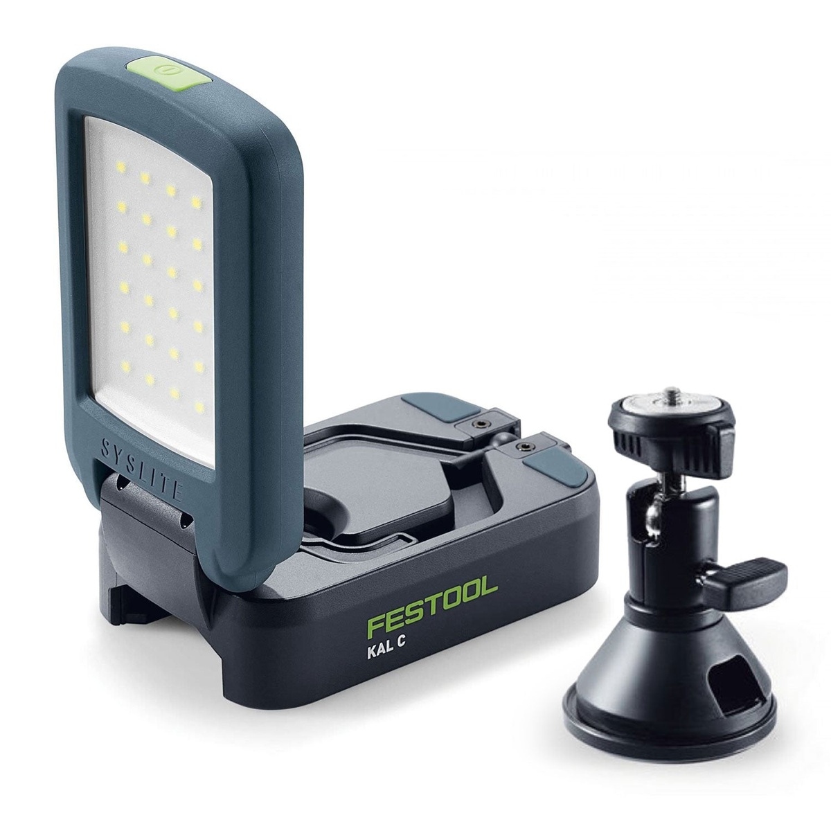 Festool SYSLITE KAL C cordless task light with included magnetic mounting head shown as a compact portable lighting kit on a clean background