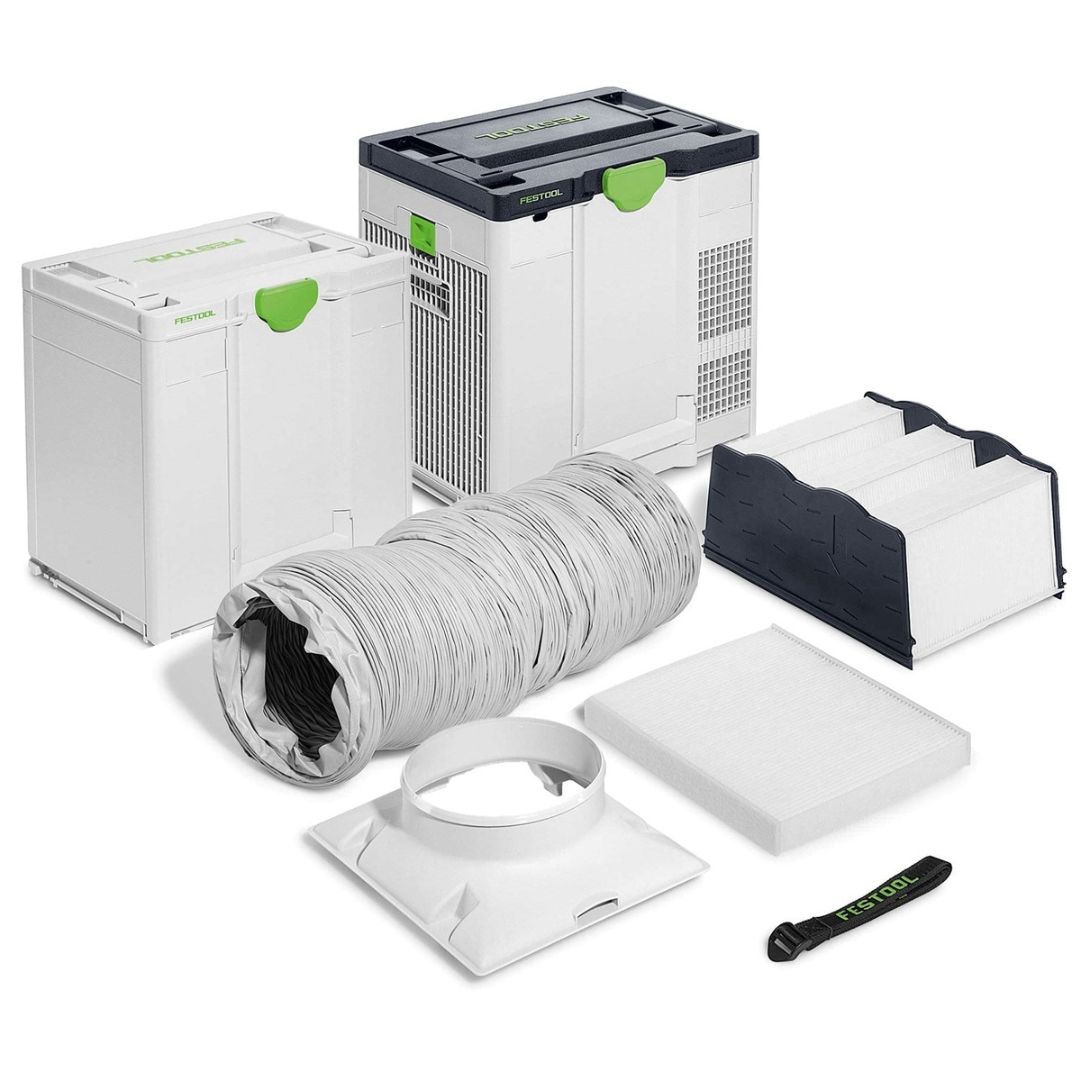 Festool SYS-AIR Standard (Non-HEPA) Air Filter with LS-SYS-AIR D200x6m Air Supply Hose shown with the portable air filter, hose, and filter components for workshop and construction site dust control