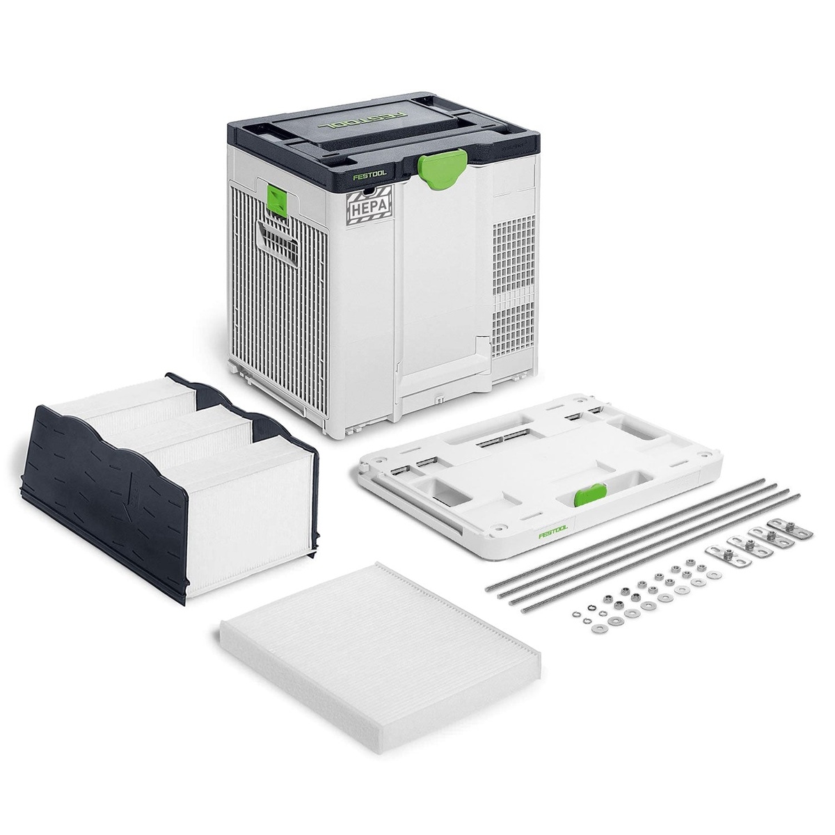 Festool SYS-AIR HEPA Air Filter with DH-SYS-AIR Ceiling Bracket shown with filter elements and mounting hardware for workshop air filtration setup
