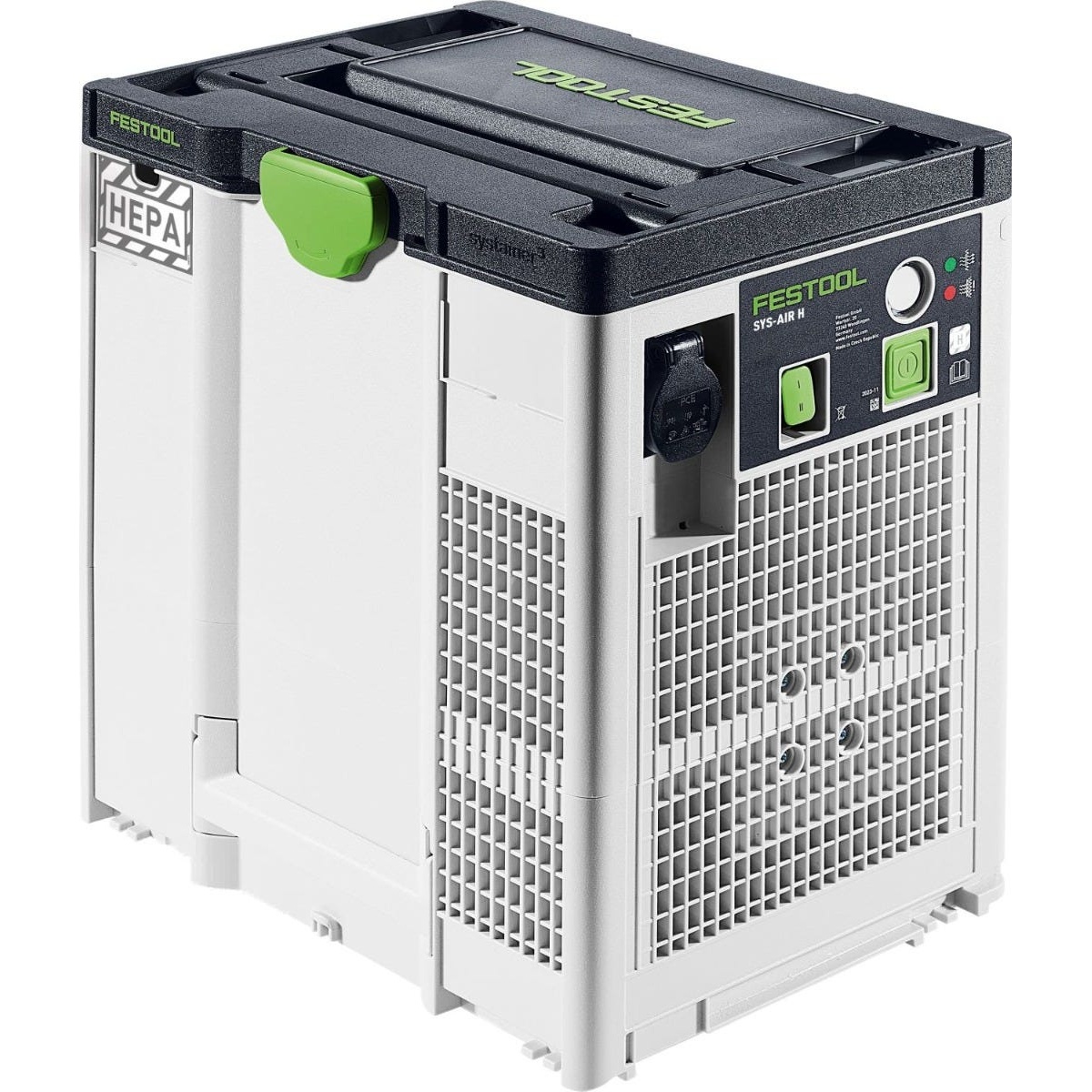 Festool SYS-AIR HEPA Air Filter control panel and outlet module on compact Systainer housing for indoor jobsite dust control