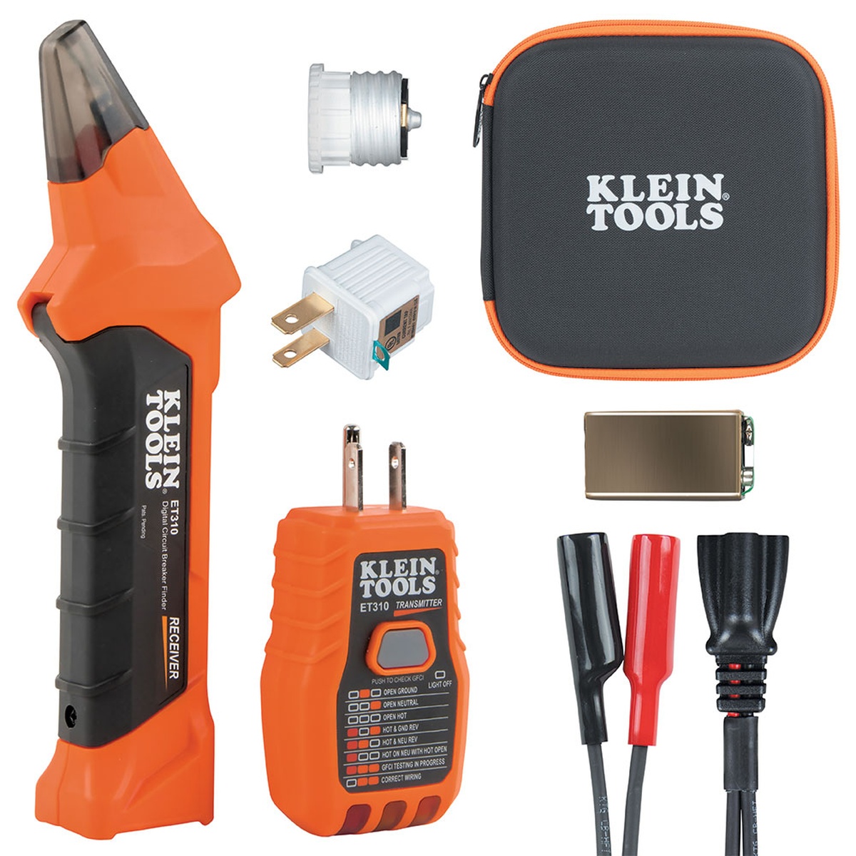Klein Tools ET310KIT Circuit Breaker Finder Kit with receiver, transmitter, adapters, battery, and hard case laid out for electrical troubleshooting on outlets and fixtures