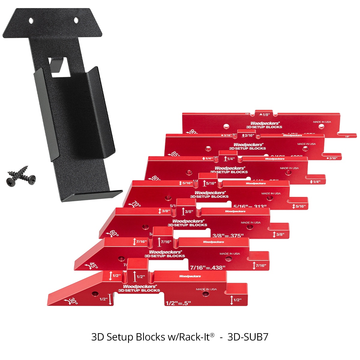 Woodpeckers 3D Setup Blocks w/Rack-It - 3D-SUB7 with included storage rack and mounting screws on a clean background