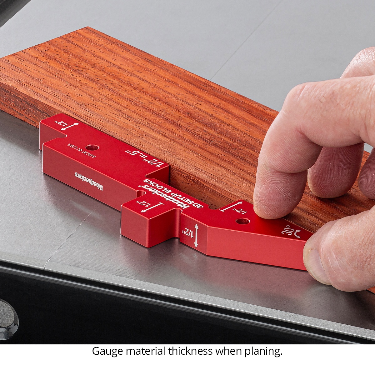 Woodpeckers 3D Setup Blocks w/Rack-It - 3D-SUB7 checking wood thickness on a planed board during woodworking