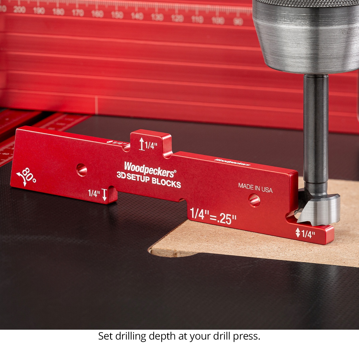 Woodpeckers 3D Setup Blocks w/Rack-It - 3D-SUB7 used at a drill press to set drilling depth on a woodworking workpiece