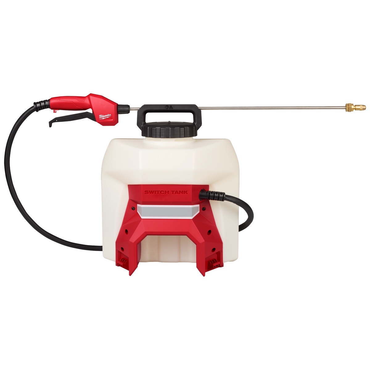 Milwaukee 49-16-19PS 4-Gallon Sprayer Tank Assembly w/ SWITCH-TANK shown with hose, handle, and wand on a clean product setup for liquid treatment and spraying applications