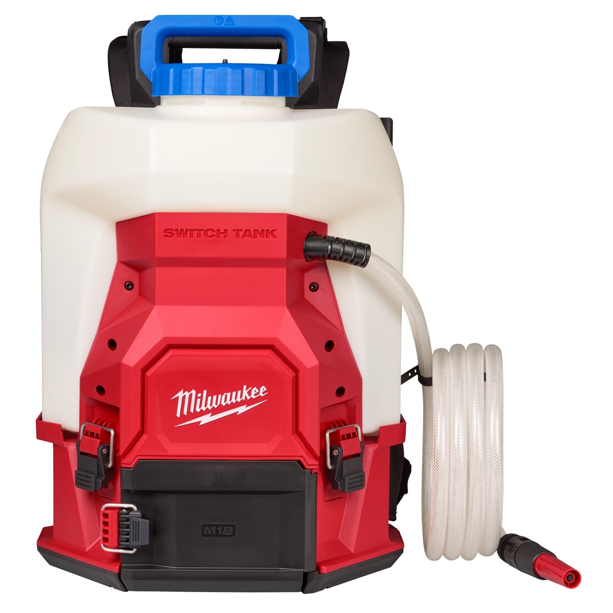 Milwaukee 3019-21WS M18 4-Gallon Water Supply Kit w/ SWITCH TANK front product view showing tank assembly, hose, and powered base for cordless water supply