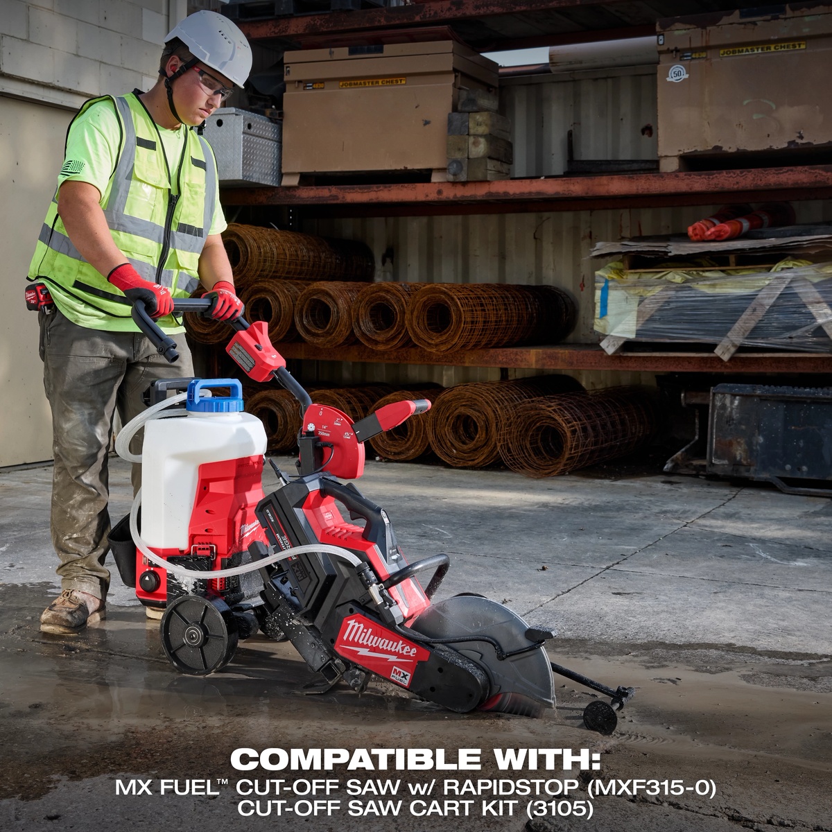 Milwaukee 3019-21WS M18 4-Gallon Water Supply Kit w/ SWITCH TANK feeding water to a concrete cut-off saw during slab cutting on a jobsite