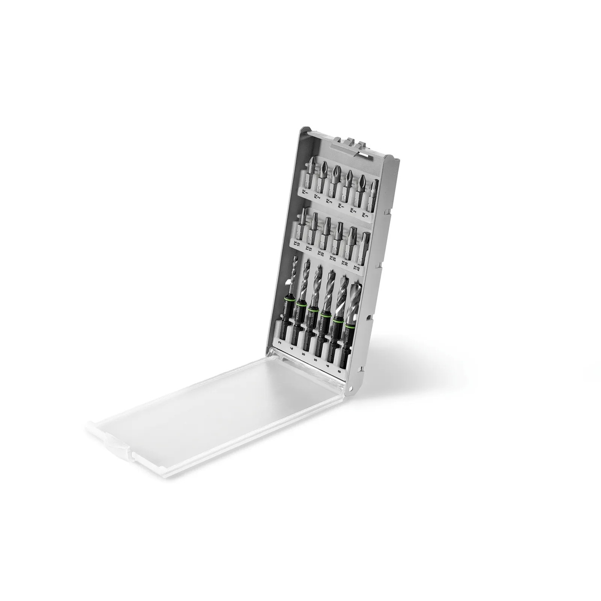 Festool 577395 BKS SYS3 D3-8 K CE/W 18-Piece Centrotec Subby Brad Point Bit Cassette opened to show short brad point wood drill bits and driver bits arranged in a compact case for cabinet and panel drilling
