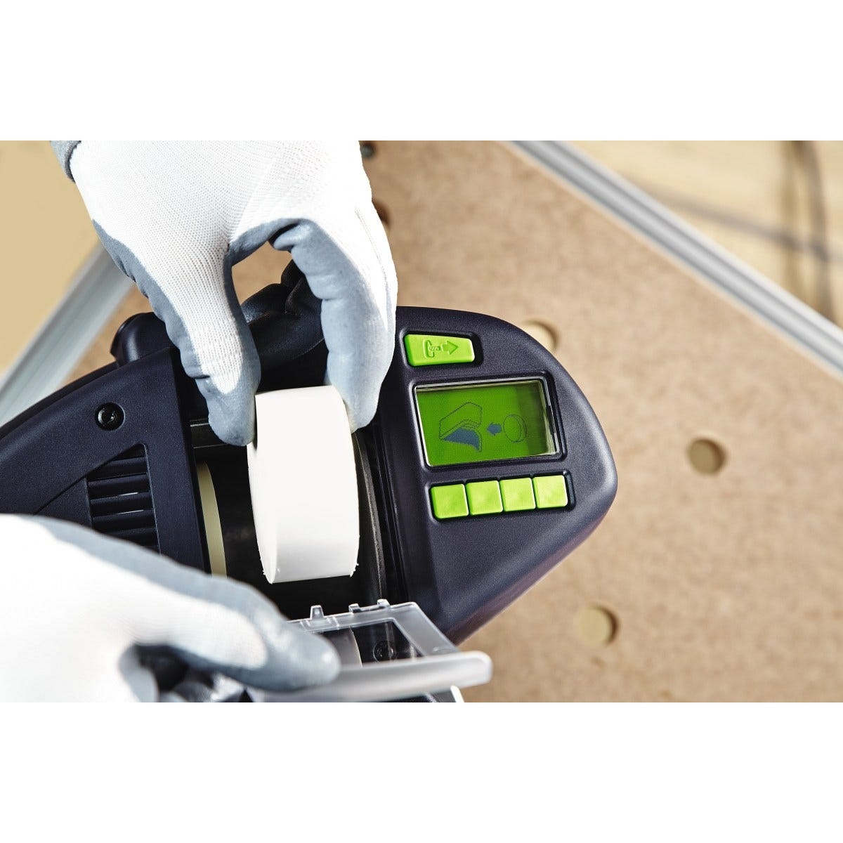 Festool 574616 Conturo KA 65 Edge Bander Deluxe Master Set close-up showing edge banding feed and control screen during setup on a bench