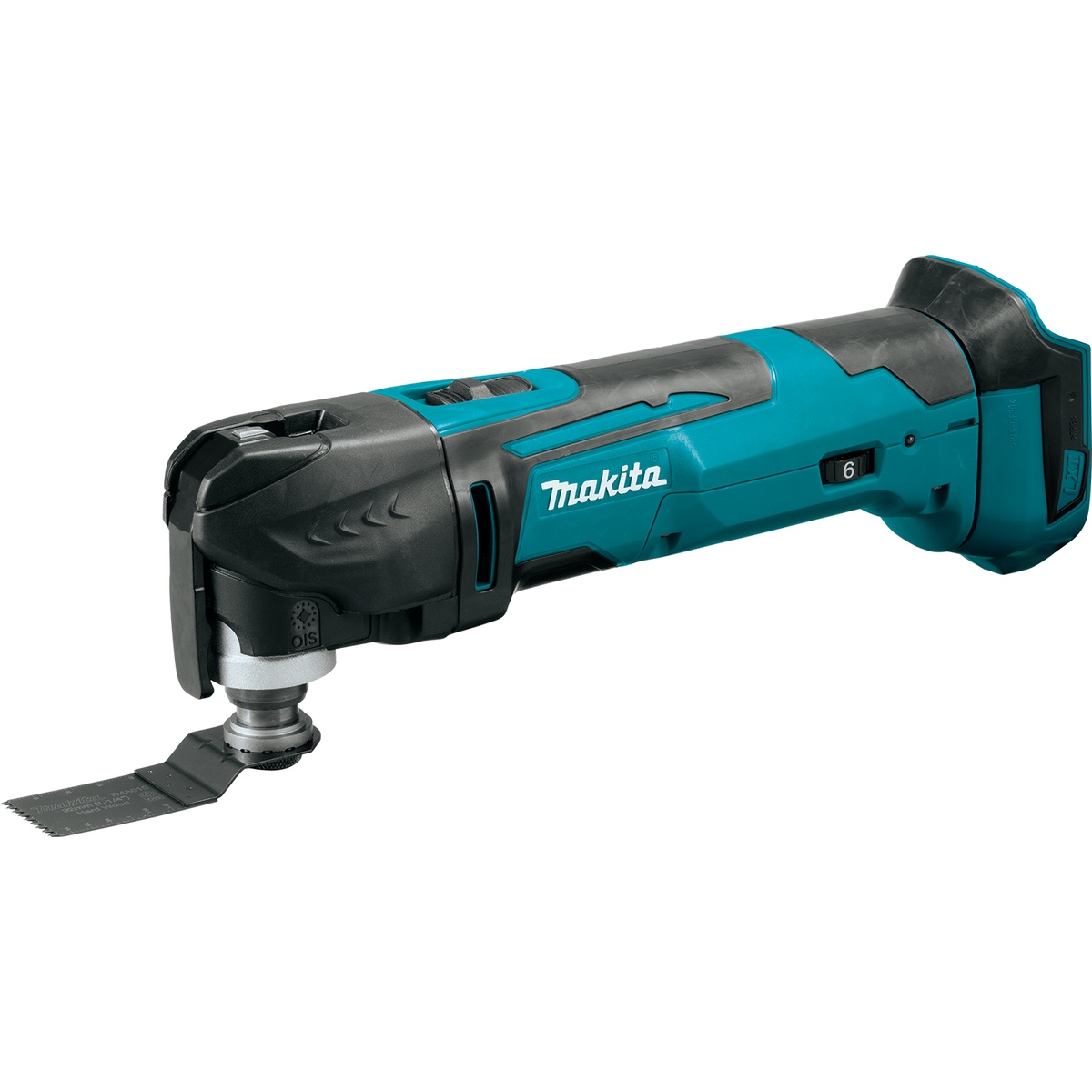 Makita XMT03Z 18V LXT Cordless Multi-Tool shown with plunge blade installed for detail cutting in trim, flooring, and drywall repair work