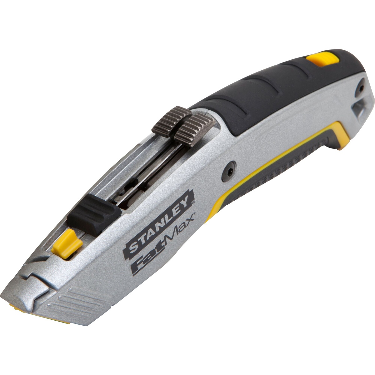 Stanley 10-789 FATMAX Xtreme Twin Blade Retractable Knife shown in close-up on a clean background, highlighting the dual blade sliders, metal body, and rubber grip for utility cutting tasks on the jobsite