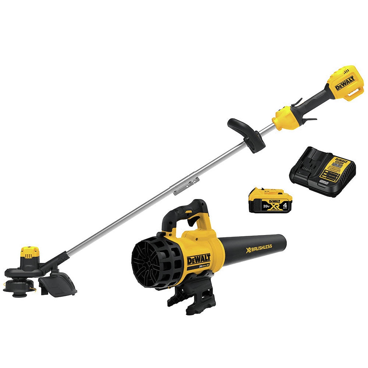 DeWalt DCKO975M1 20V MAX String Trimmer and Blower Combo 4.0Ah Kit with trimmer, blower, battery, and charger shown together for yard maintenance and cleanup