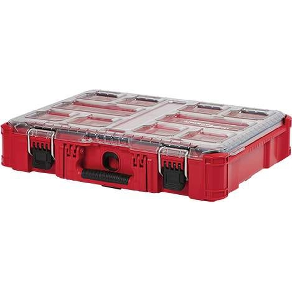 Milwaukee 3-Piece PACKOUT Rolling Tool Box + Large Tool Box + Organizer Set organizer case with clear lid and bin layout shown on a clean background for small parts storage