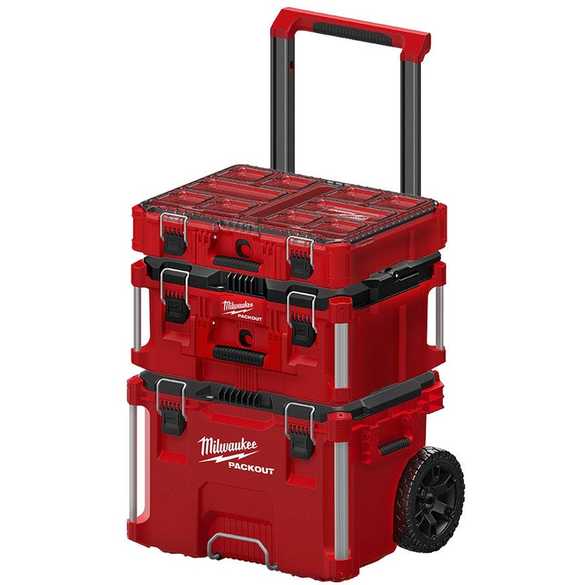 Milwaukee 3-Piece PACKOUT Rolling Tool Box + Large Tool Box + Organizer Set stacked together with rolling base, large box, and top organizer on a clean background