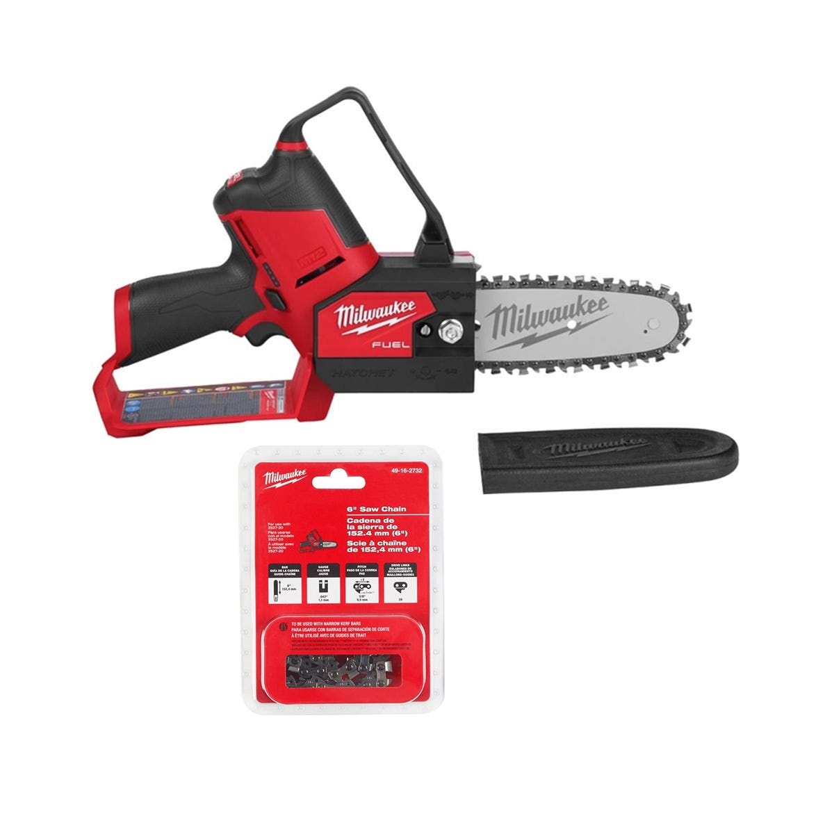 Milwaukee M12 FUEL HATCHET 6 inch Pruning Saw tool-only bundle with extra 6 inch saw chain and scabbard for field replacement