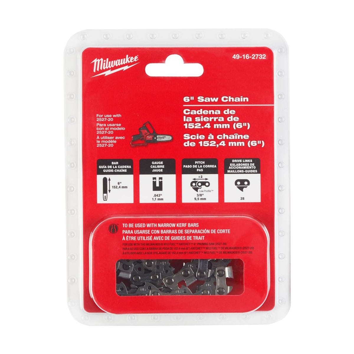 Milwaukee M12 FUEL HATCHET 6 inch pruning saw replacement chain package showing 3 eighths inch low profile pitch, .043 inch gauge, and 28 drive links