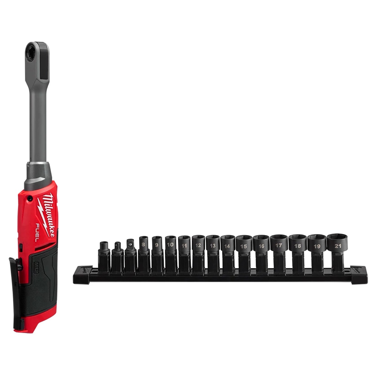Milwaukee 3050-20 M12 FUEL INSIDER Extended Reach Box Ratchet with included metric sockets and adapters arranged for automotive and maintenance fastening work