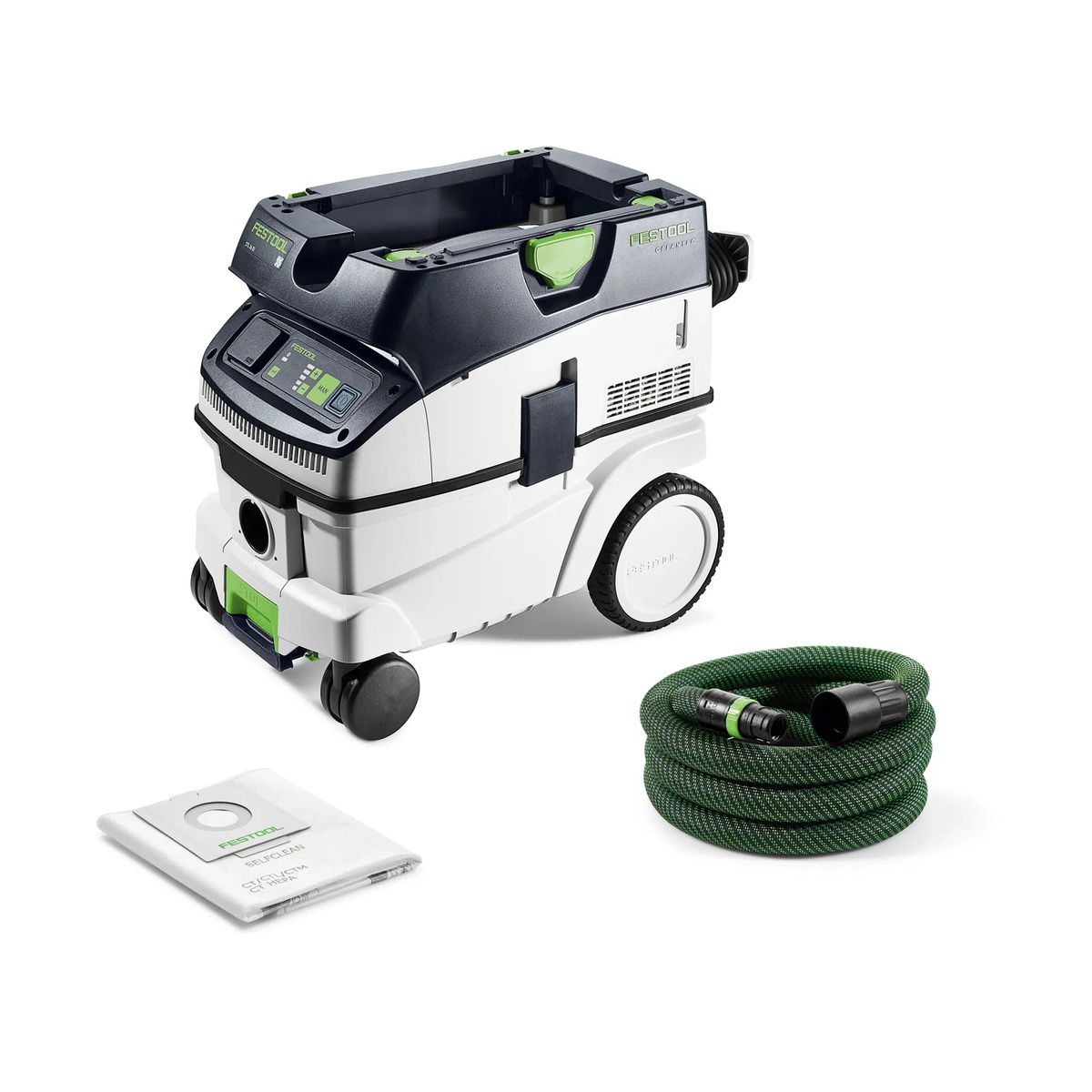 Festool 577871 CLEANTEC CT 26 EI HEPA Dust Extractor product view showing included suction hose and filter bag on a clean background