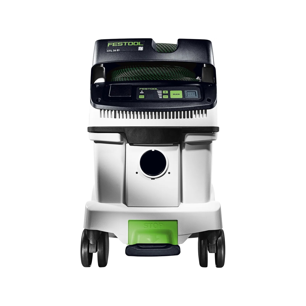 Front view of the Festool 577872 CLEANTEC CT 36 EI HEPA Dust Extractor showing the touch controls and front hose port for shop and jobsite dust collection