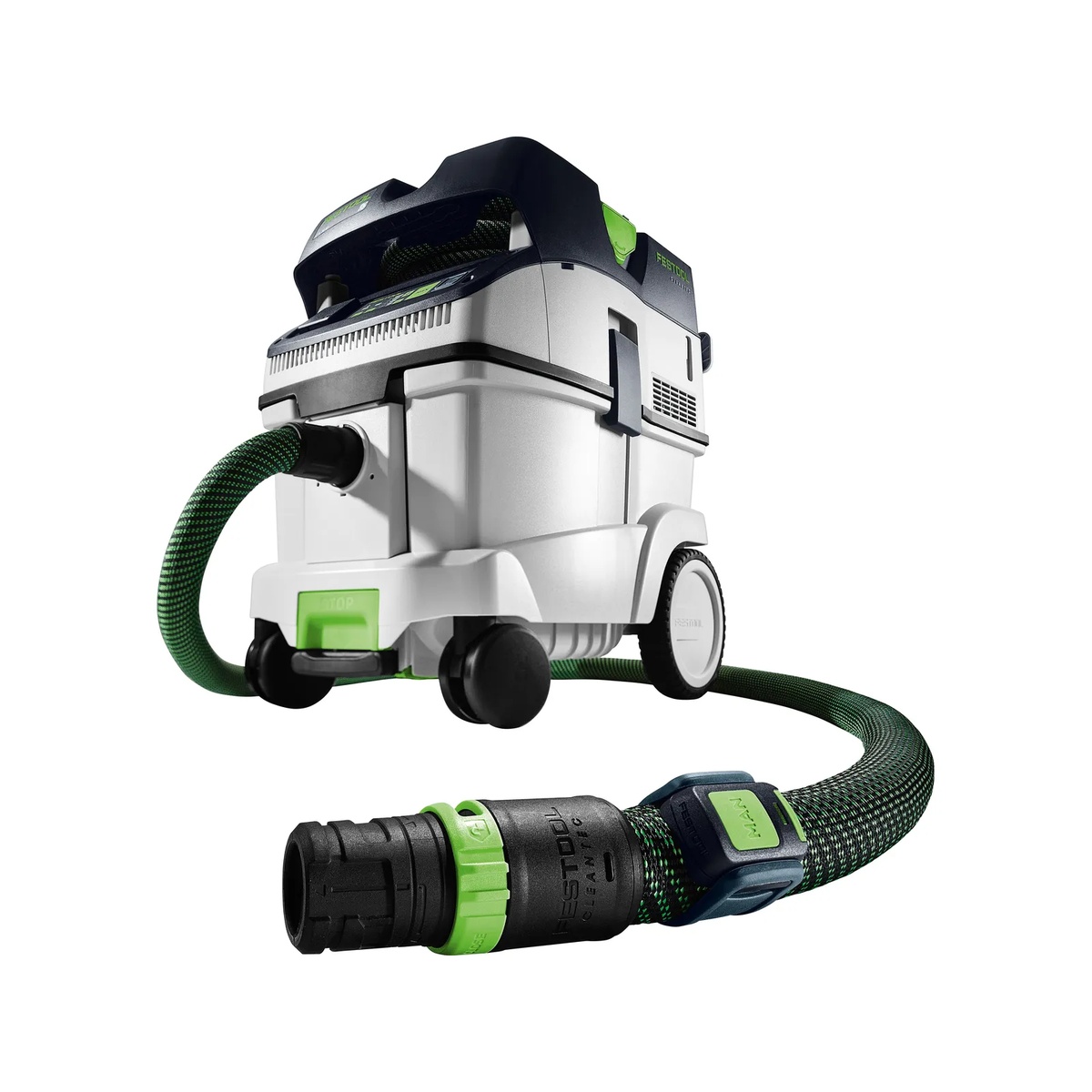 Festool 577872 CLEANTEC CT 36 EI HEPA Dust Extractor with anti-static suction hose connected, showing the hose fitting and mobile base for workshop and remodeling use