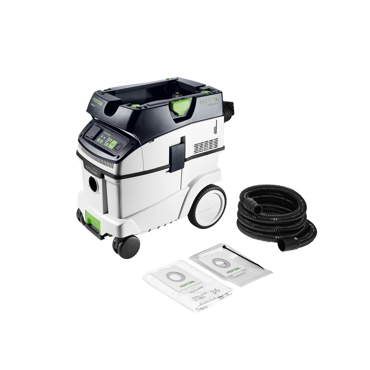 Festool 577874 CLEANTEC CT 36 EI AC AutoClean HEPA Bluetooth Dust Extractor with hose, filter bag, and plastic liner laid out for jobsite setup