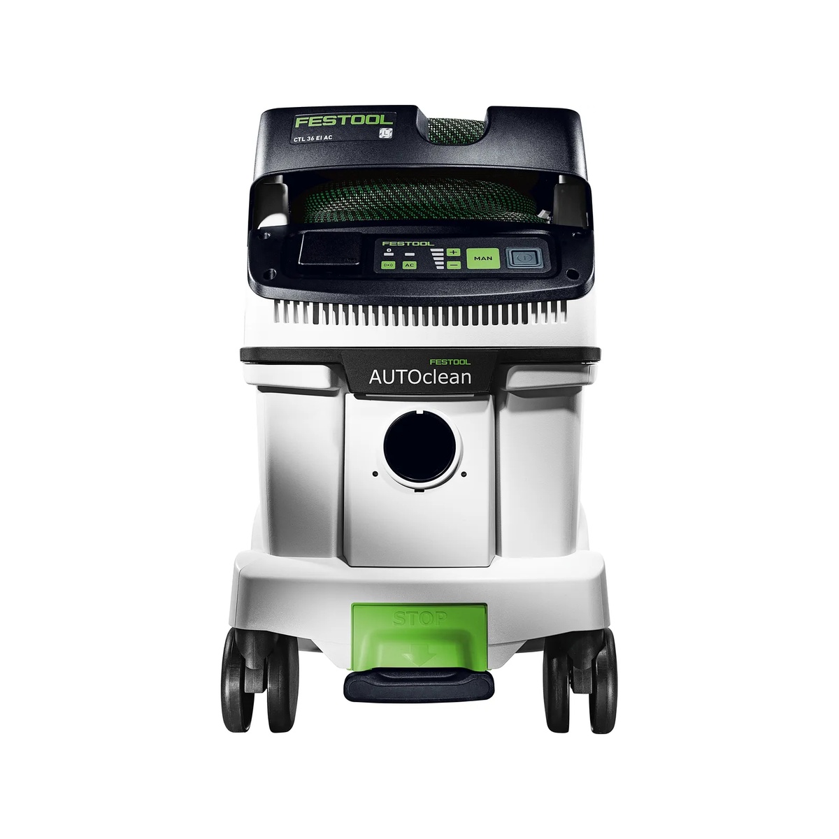 Front view of the Festool 577874 CLEANTEC CT 36 EI AC AutoClean HEPA Bluetooth Dust Extractor showing the control panel and front inlet for workshop dust collection