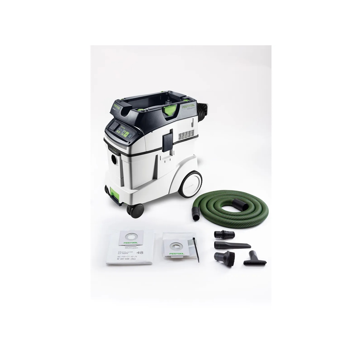 Festool 577876 Dust Extractor CLEANTEC CT 48 EI AC HEPA with included hose, filter bag, liner, reducing sleeve, and cleaning accessories on a studio background