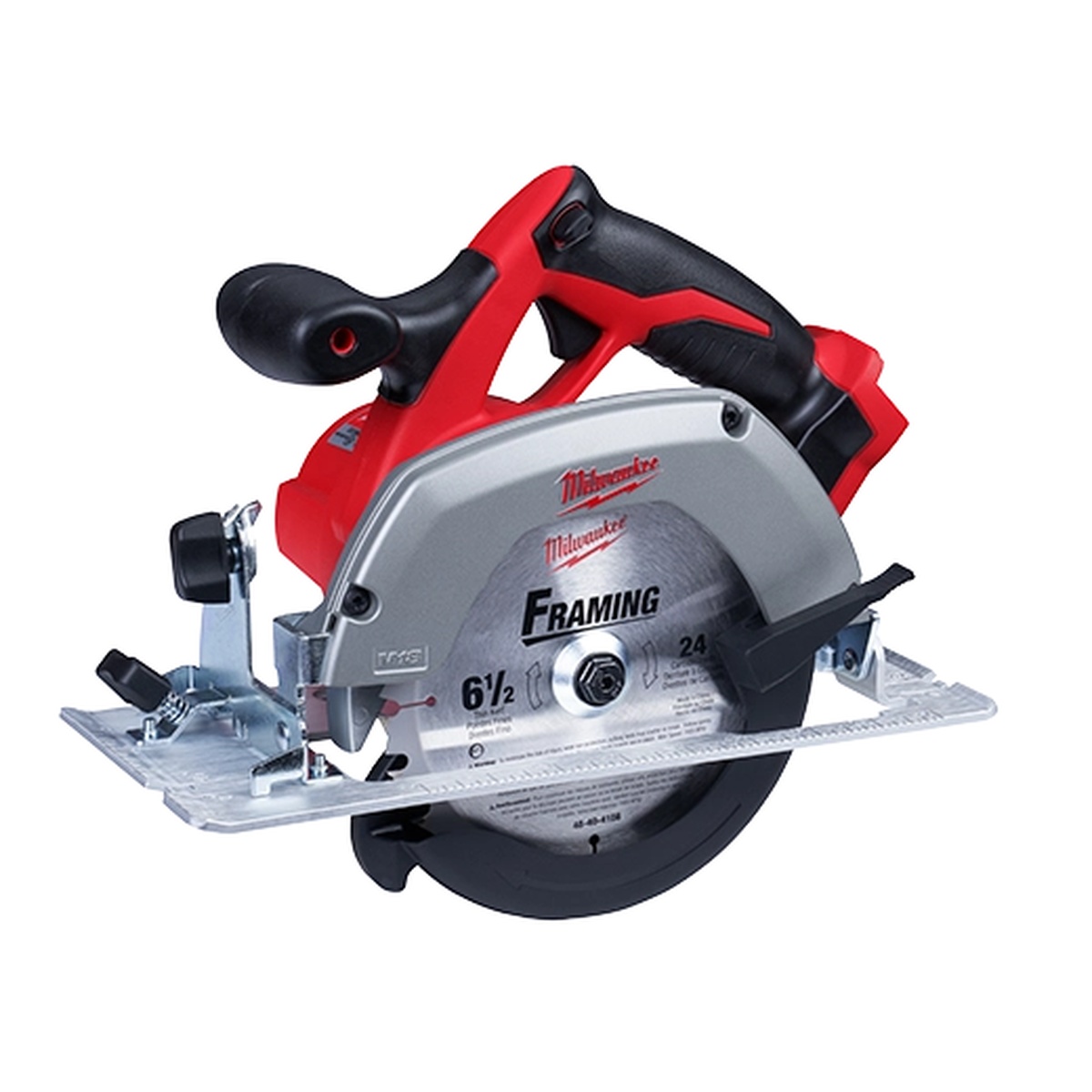 Milwaukee 2630-20 M18 6-1/2 Inch Circular Saw angled product view showing the magnesium upper guard, soft-grip handle, and compact bare tool circular saw form