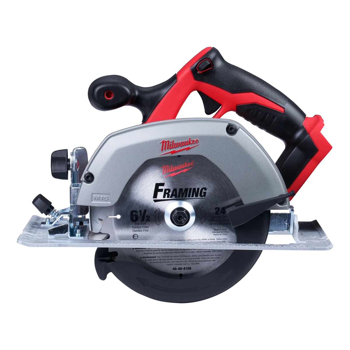 Milwaukee 2630-20 M18 6-1/2 Inch Circular Saw side view showing the blade-left design, aluminum shoe, and compact cordless framing saw layout for jobsite wood cutting