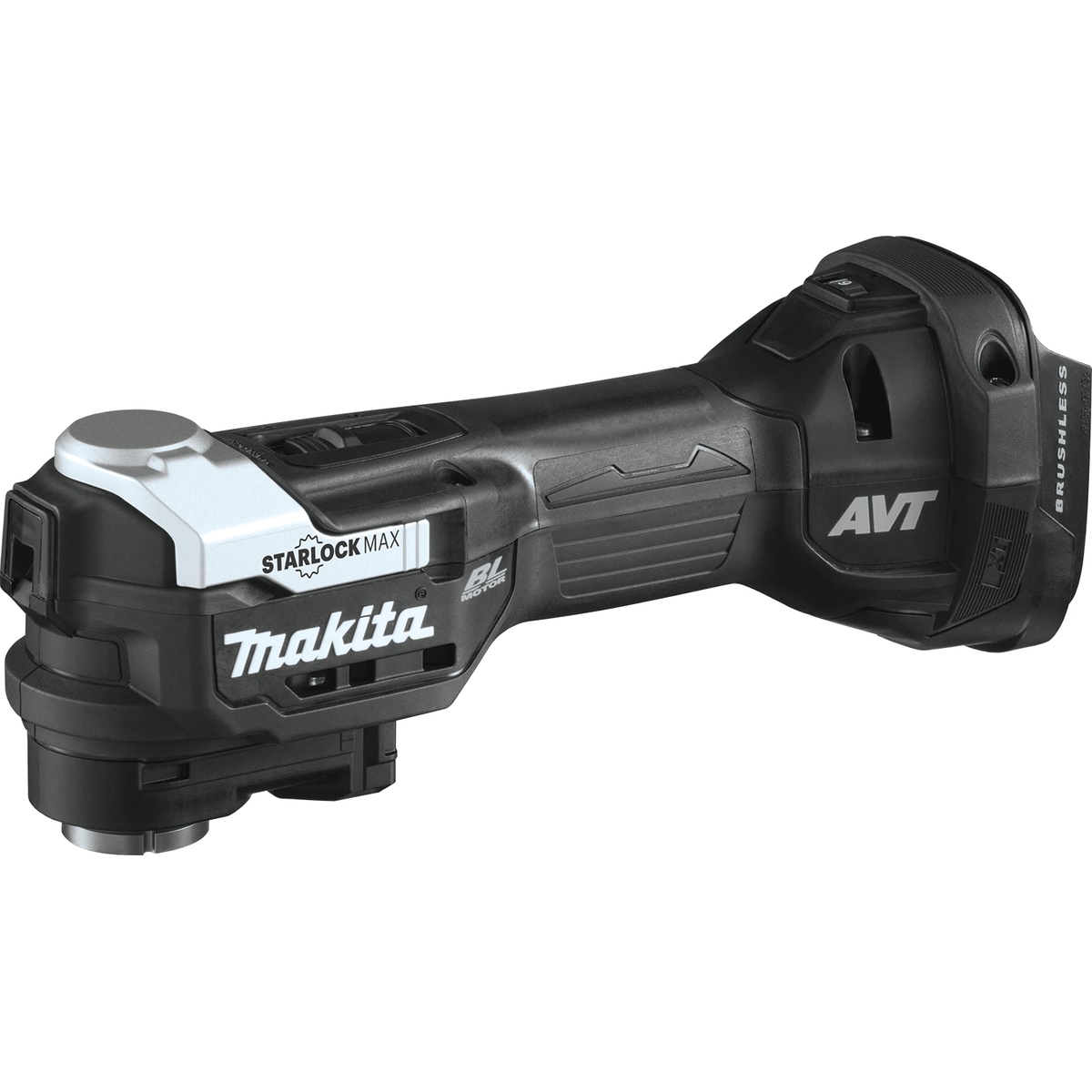 Makita XMT04ZB 18V LXT Sub-Compact Brushless Cordless StarlockMax Oscillating Multi-Tool shown in side profile for tight-space cutting, sanding, and remodeling work