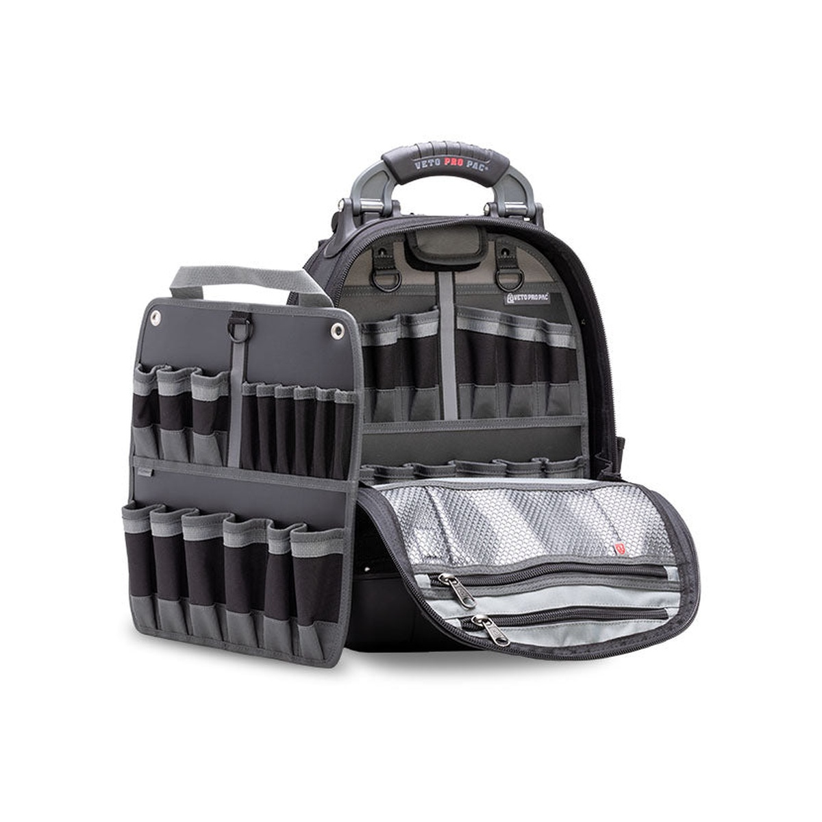 Veto Pro Pac TPFP V-SWAP Folio Tool Panel Insert positioned next to an open Tech Pac backpack to show how the insert organizes hand tools inside a service bag