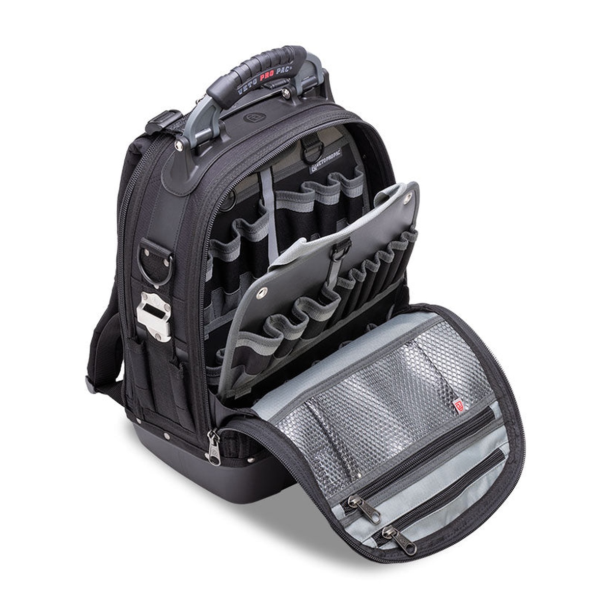 Veto Pro Pac TPFP V-SWAP Folio Tool Panel Insert installed inside an open Tech Pac backpack during tool organization for field service work