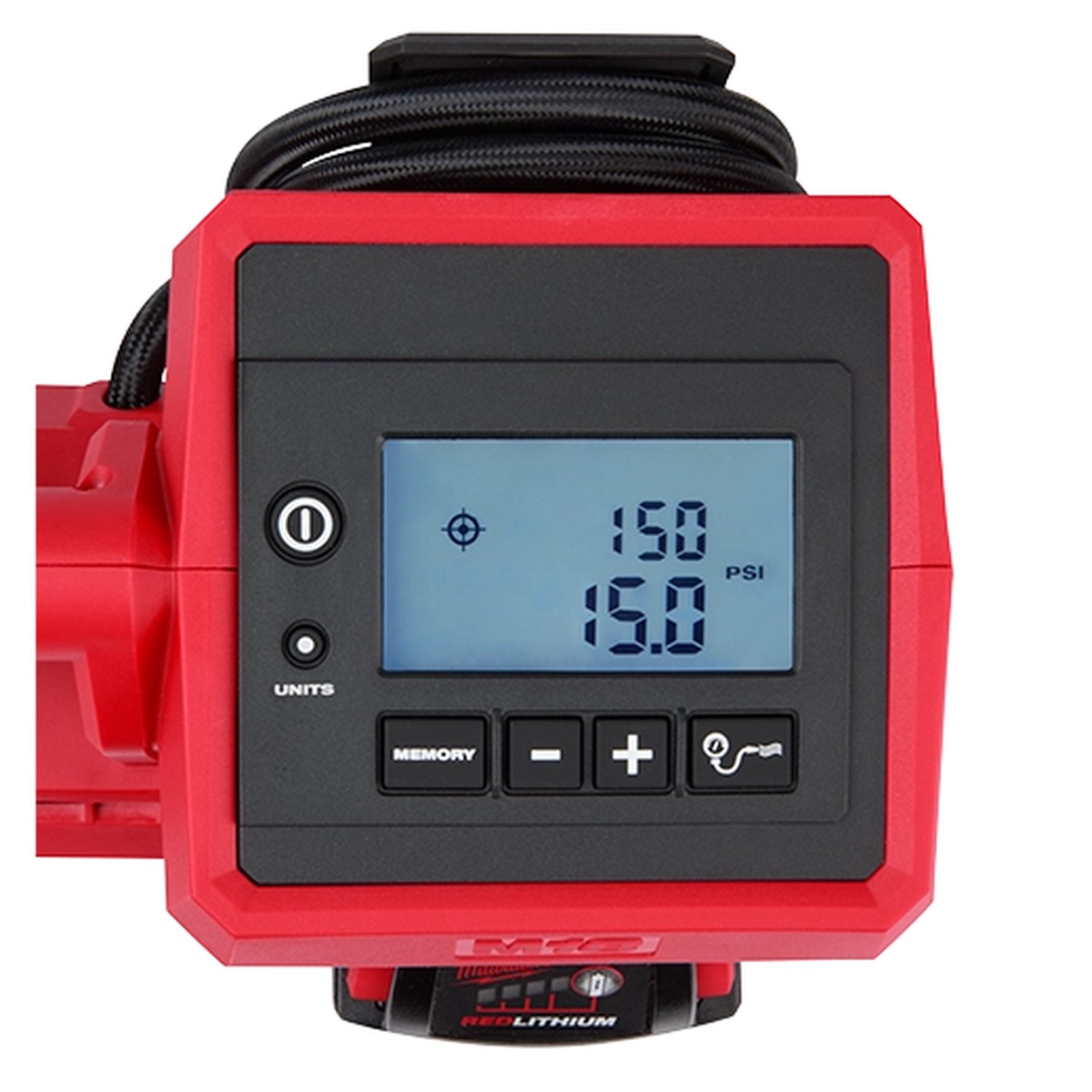 Milwaukee M18 18V Cordless Tire Inflator digital control panel showing PSI target settings for accurate tire inflation