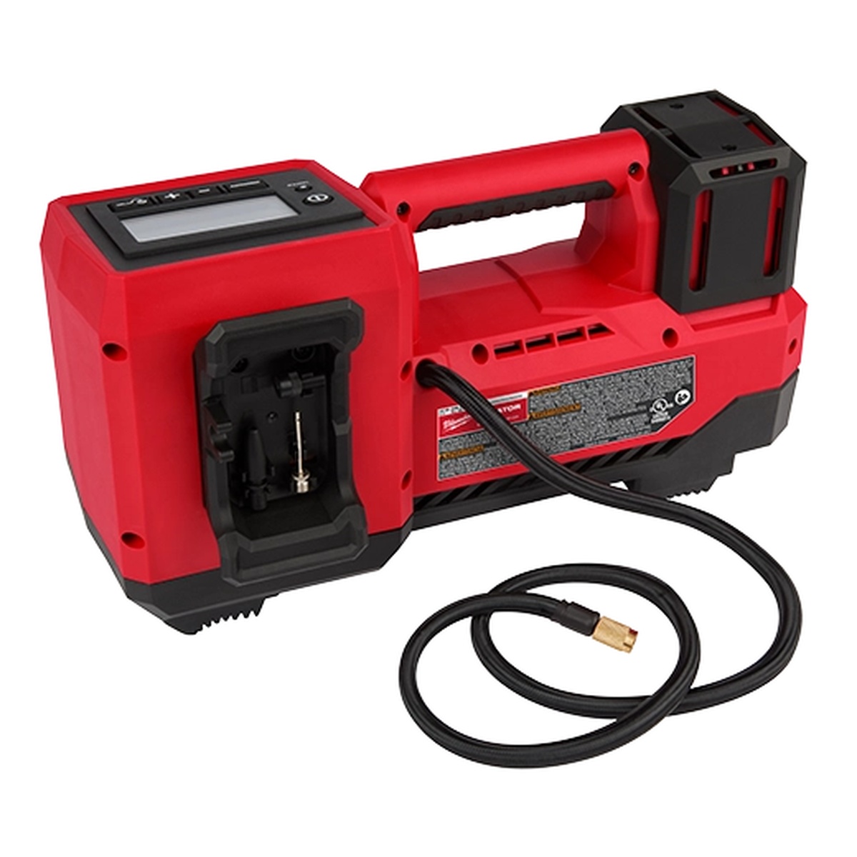 Milwaukee M18 18V Cordless Tire Inflator with 36 inch hose and on-board accessory storage shown from the rear