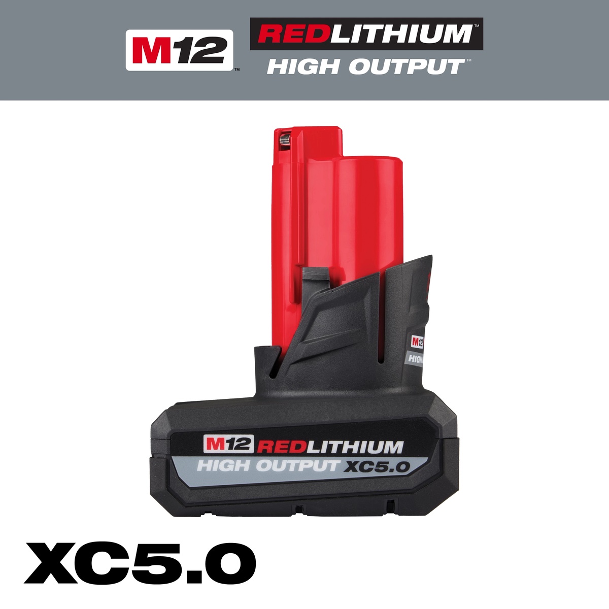 Milwaukee M12 REDLITHIUM HIGH OUTPUT XC5.0 Battery Pack product image showing the compact XC5.0 battery pack for Milwaukee M12 cordless tools